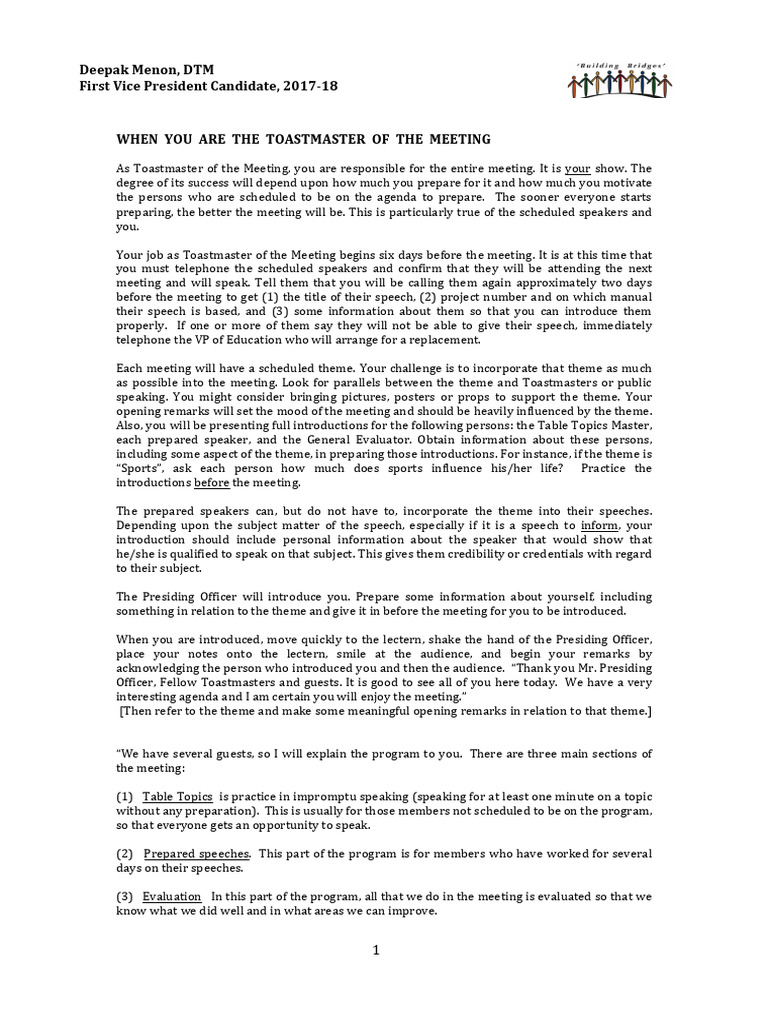 Toastmaster Meeting Guide and Script | PDF | Human Communication