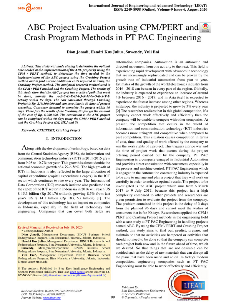 ABC Project Evaluation Using CPM/PERT and Crash Program Methods in PT ...