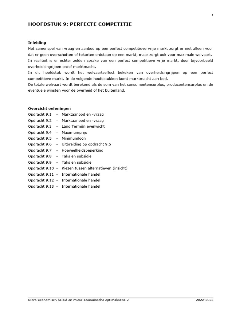Micro 2 - 2022 2023 - Oef - Hoofdstuk 9 - Perfecte Competitie en ...