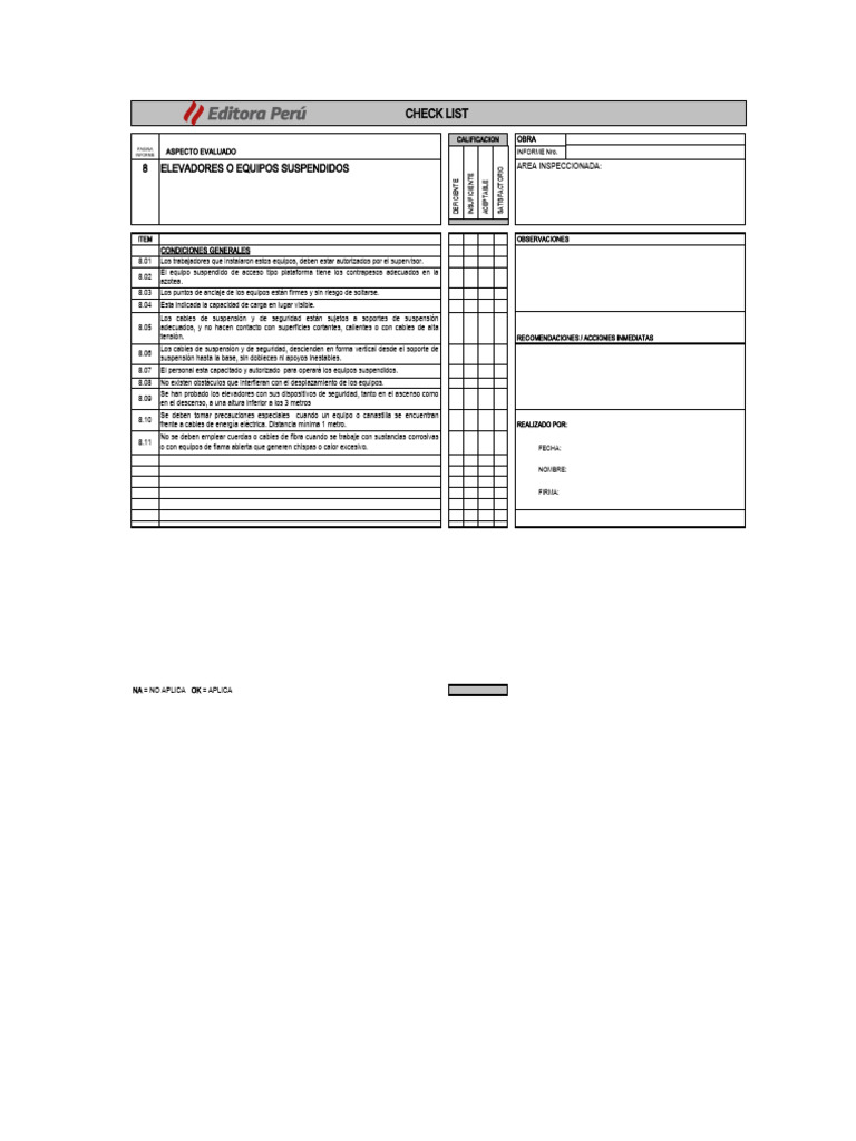 Formato de Check List Elevadores o Equipos Suspendidos | PDF