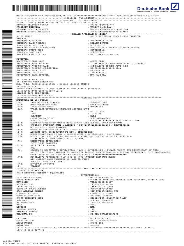 Mt103 Qonto Bank 100 e Euro | PDF | Transmission Control Protocol ...