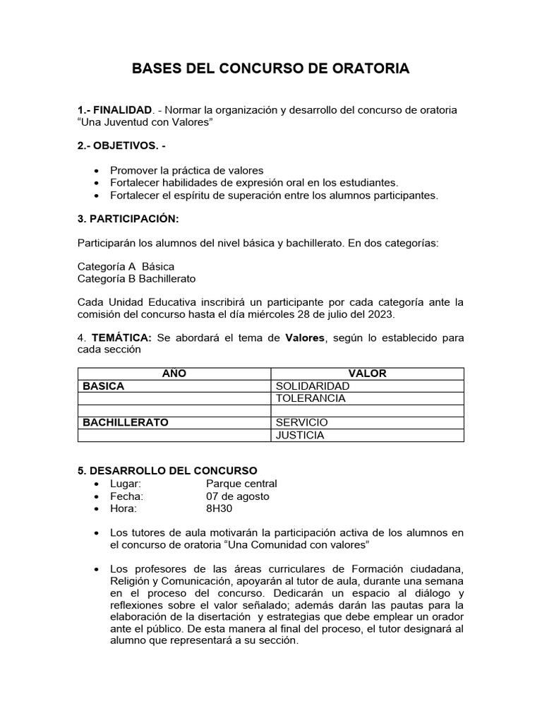 Bases Del Concurso de Oratoria | PDF | Evaluación | Hablar en público