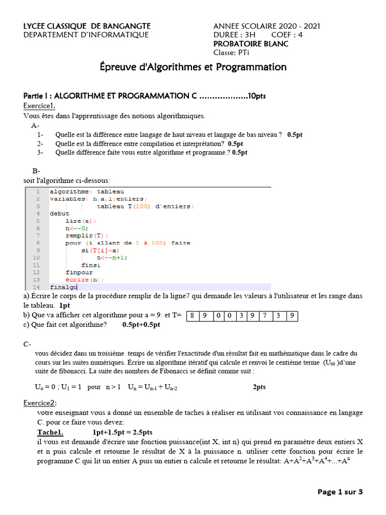 Épreuve de Programmation et Algorithmes | PDF | Programmation ...