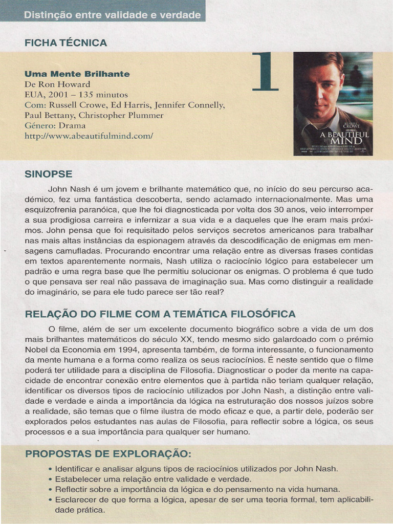 Guião de análise ao filme UMA MENTE BRILHANTE | PDF