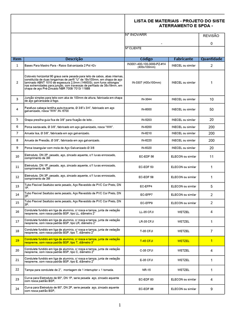 Modelo Lista de Material SPDA Progenharia | PDF | Parafuso | Setor ...