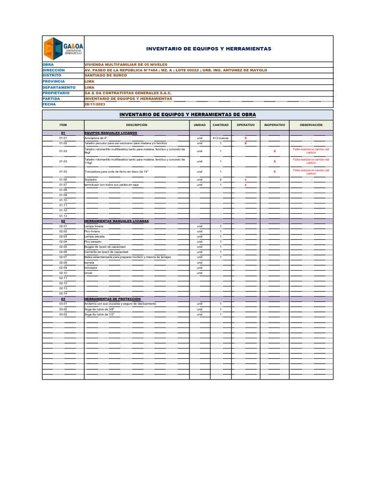 Inventario de Equipos y Herramie | PDF | Metalurgia | Carpintería