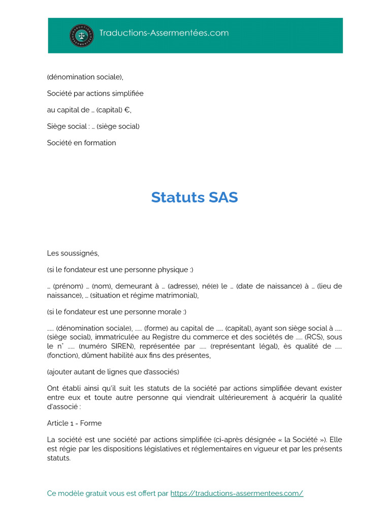 Modèle de statuts SAS gratuit | PDF | Arbitrage | Action (Finance)