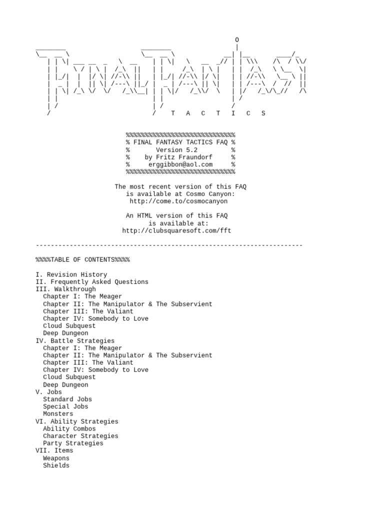 Final Fantasy Tactics FAQ v5.2 | PDF