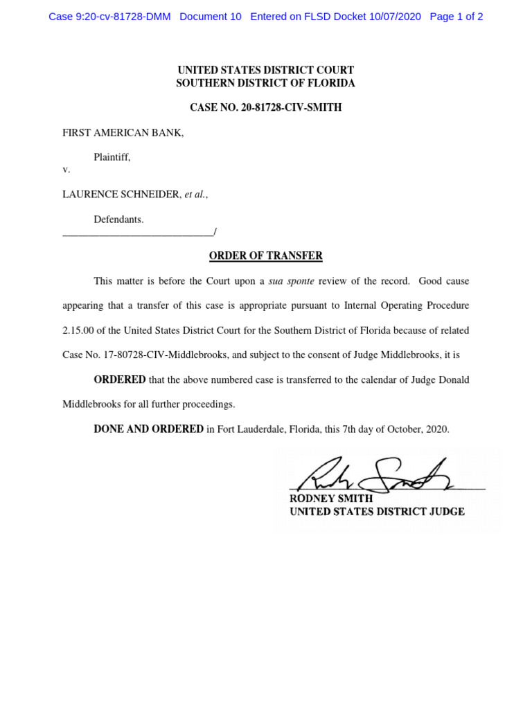 20 81728 10 Order of Transfer From Hon Judge Rodney Smith To Hon