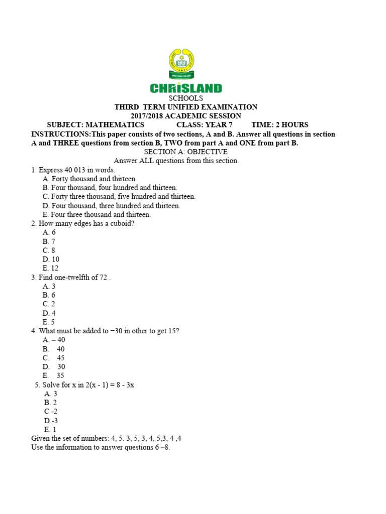 Year 7 Mathematics Unified Exam 2018 | PDF | Triangle | Mathematics
