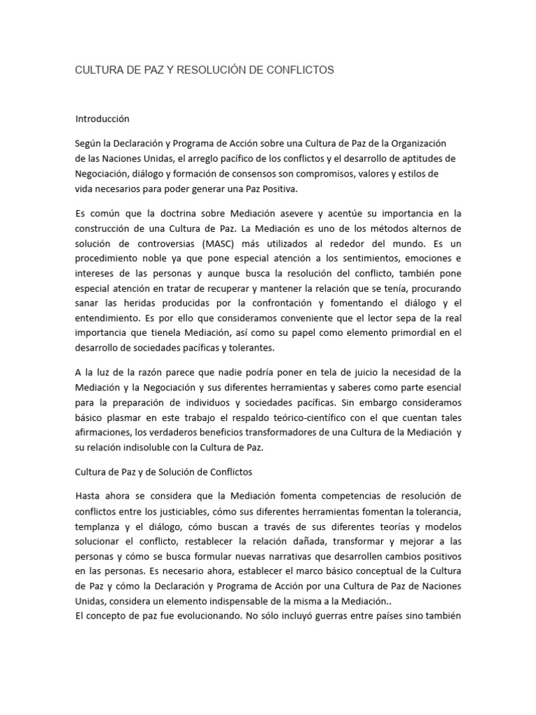 Cultura de Paz y Resolución de Conflictos | PDF | Paz | Conflicto (proceso)