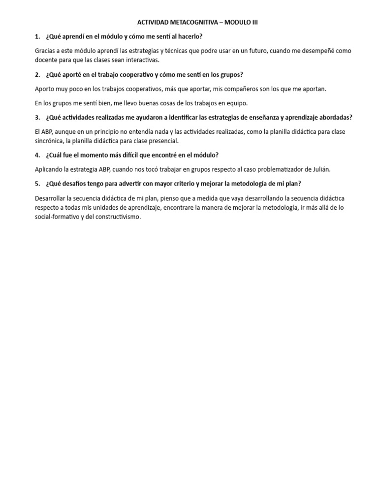 Reflexiones Docentes del Módulo III | PDF | Crecimiento personal y ...