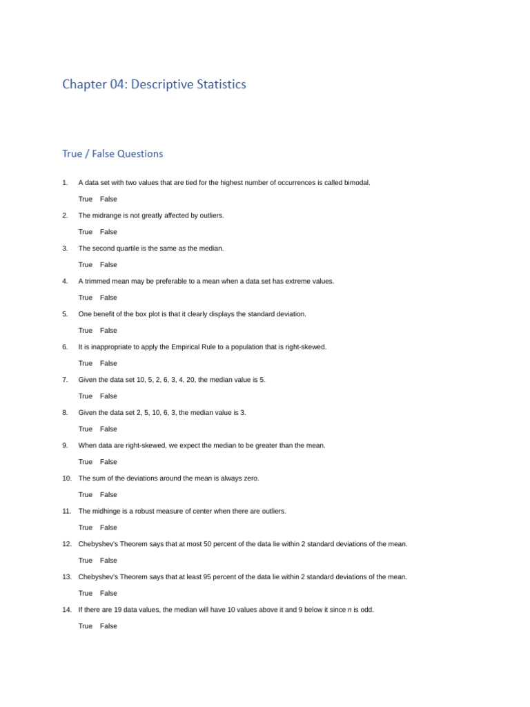 CHAP 4 Multiple Choice | PDF | Mean | Median
