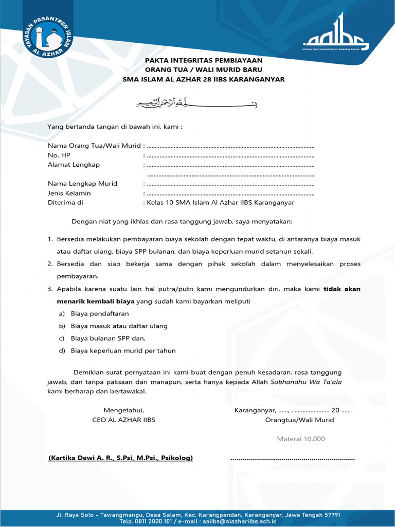 Pakta Integritas Pembayaran SPP Al Azhar | PDF