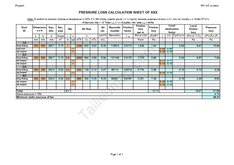 HVAC Pressure Loss Calculation Sheet | PDF | Pressure | Applied And ...