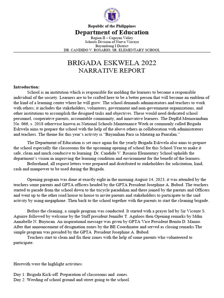 Narrative Report Sy 2023 | PDF | Behavior Modification | Learning