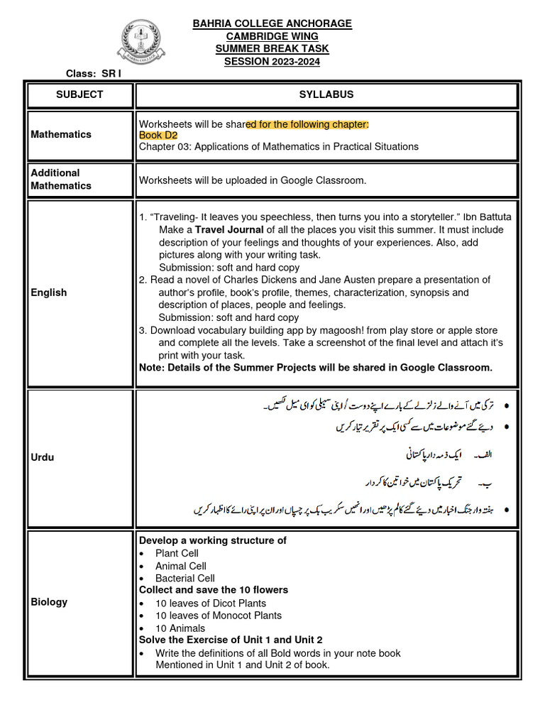 Summer Break Tasks for SR I Students | PDF | Map | Water