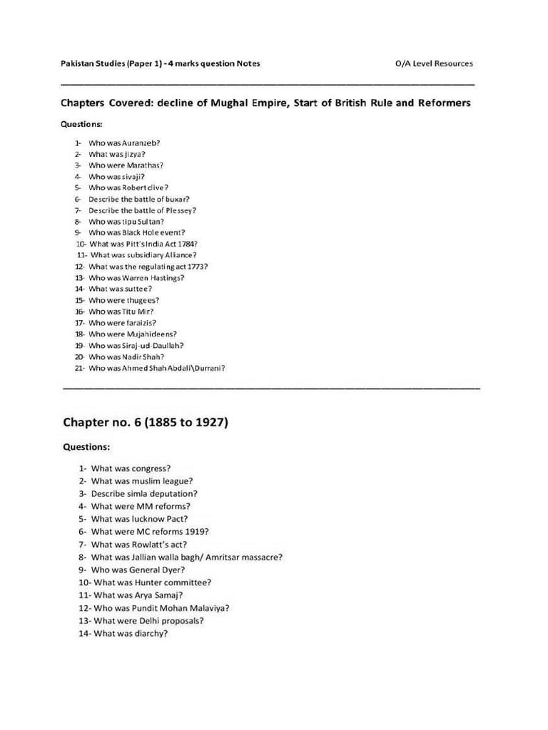 Olevel Pakistan Studies 2059 4 Mark Questions | PDF