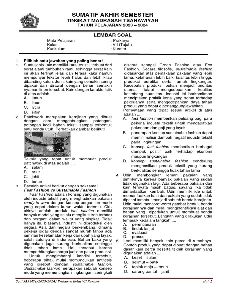 Soal Sas Prakarya Kelas 7 Kurmer Tapel 2023-2024 | PDF