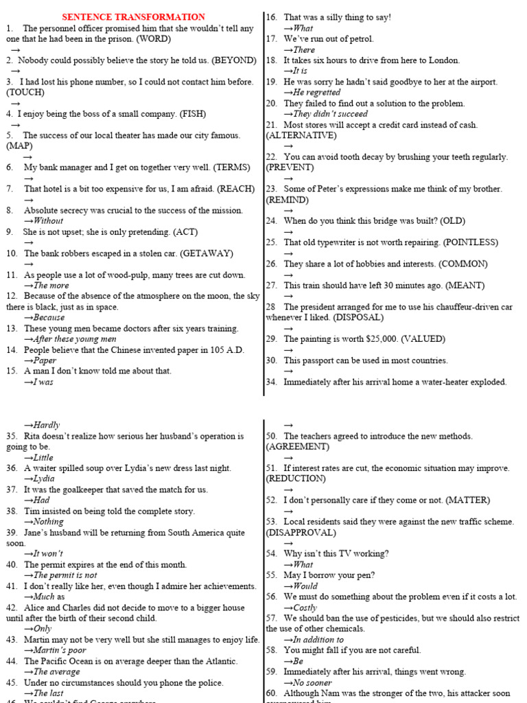 Sentence Transformation Exercises | PDF