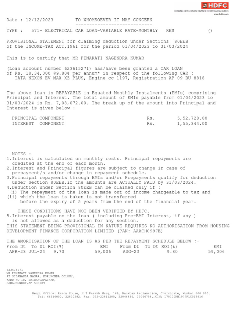 Car Loan Nagendra Statement | PDF | Loans | Tax Deduction