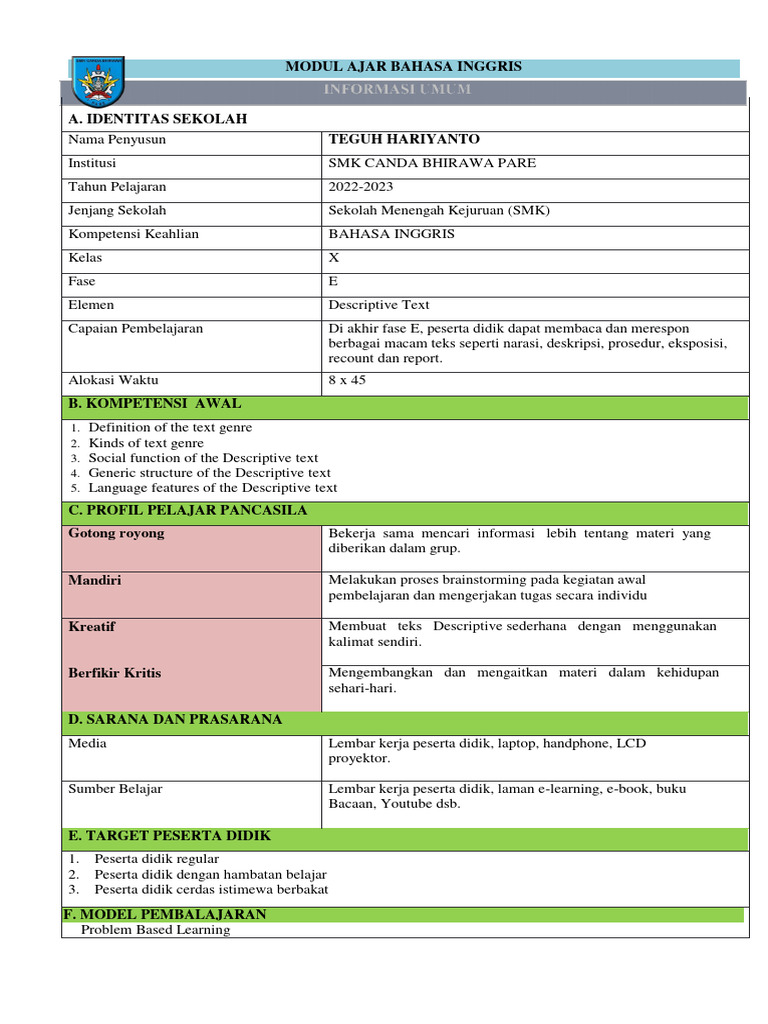 Modul Ajar Descriptive Text Kelas 10 | PDF | Sains & Matematika