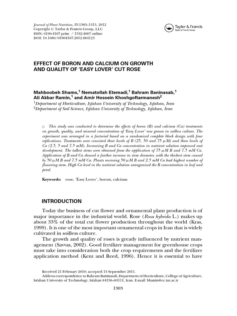Effect of Boron and Calcium On Growth and Quality of Easy Lover' Cut ...