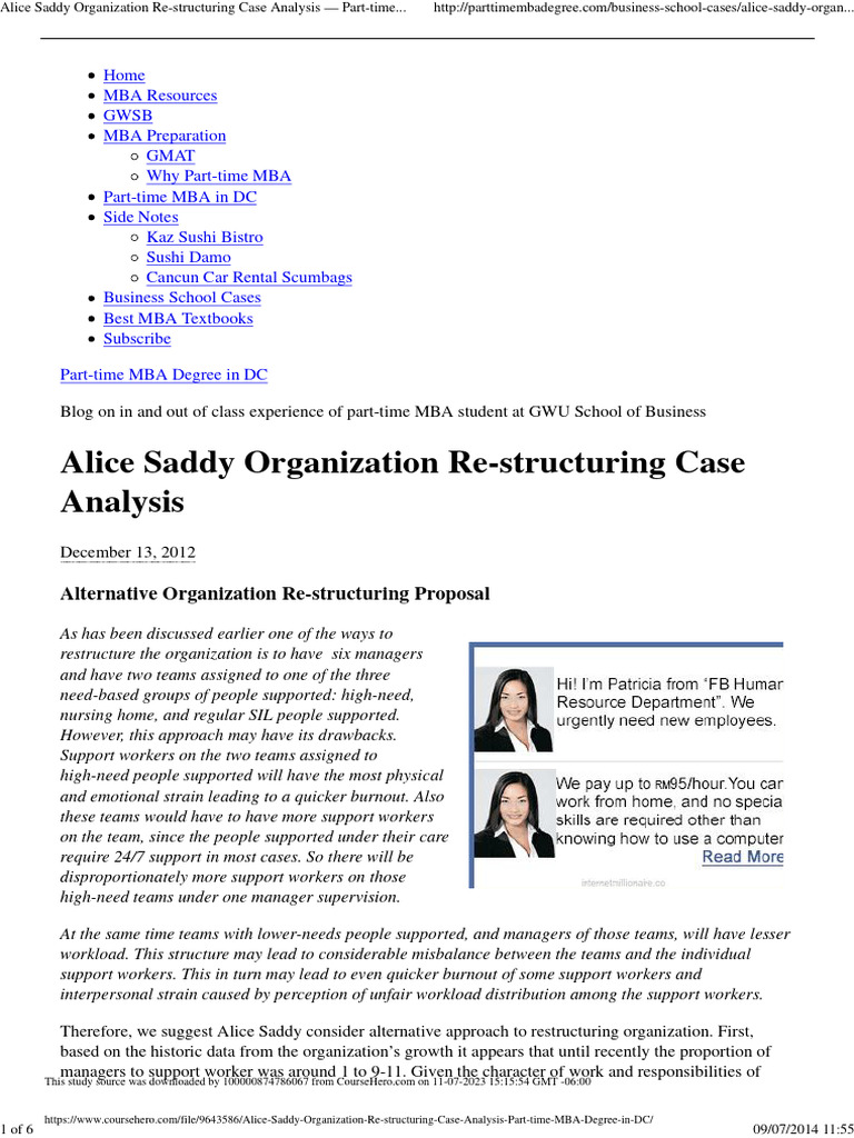 Alice saddy organization re structuring case analysis part time mba