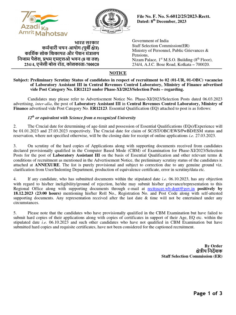 Preliminary Scrutiny for Lab Assistant III | PDF