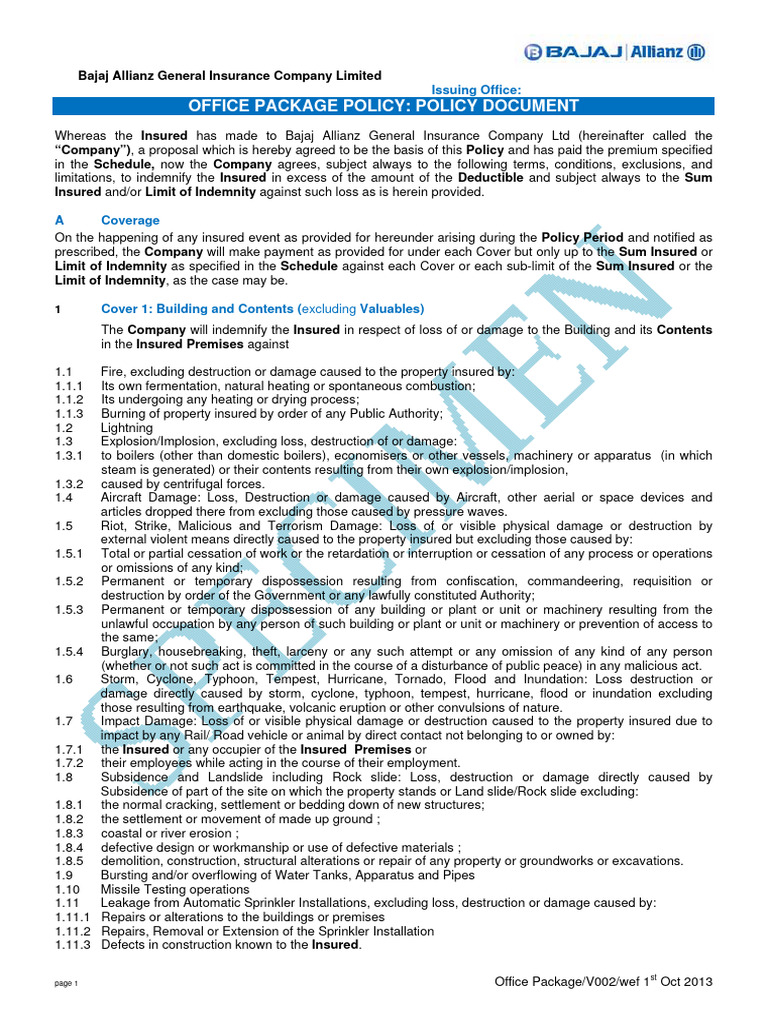 Office Package Insurance Policy Details | PDF | Insurance | Indemnity