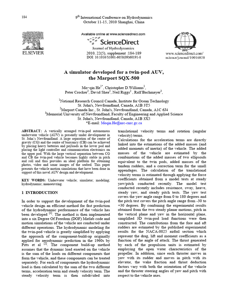 A Simulator Developed For A Twin Pod AUV The Marport SQX 500 PDF