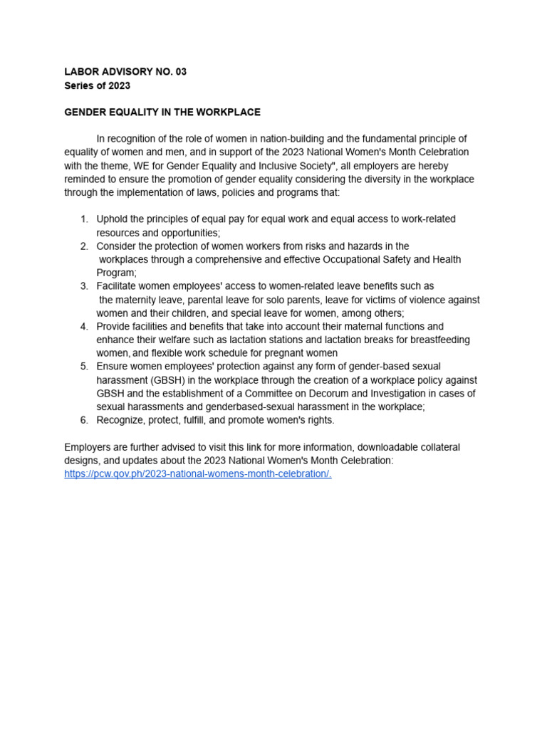 Gender Equality in the Workplace Advisory | PDF | Social Science | Self ...