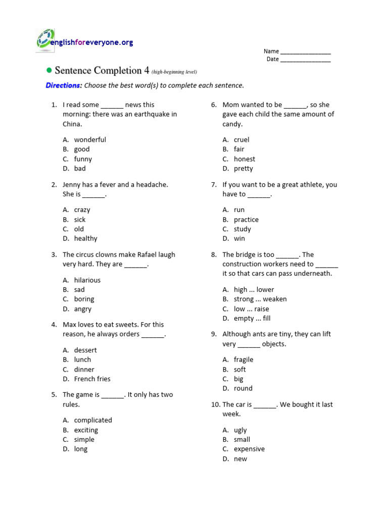 High beginning sentence completion 4 pdf candy