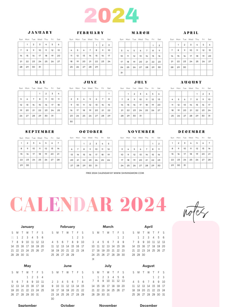 Horizontal 2024 Yearly Calendars by Shining Mom Blog | PDF