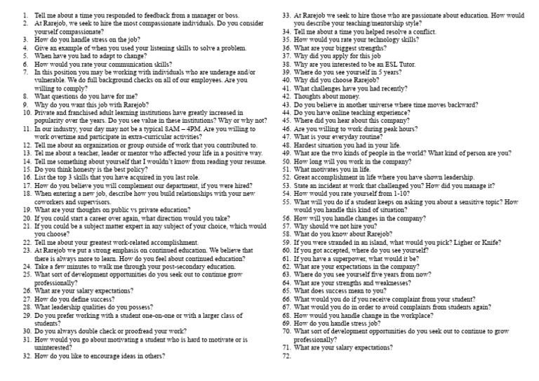 Rarejob ESL Tutor Interview Guide | PDF | Leadership | Learning