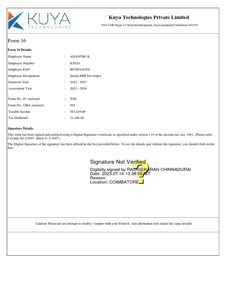 Form 16: Kuya Technologies Private Limited | PDF