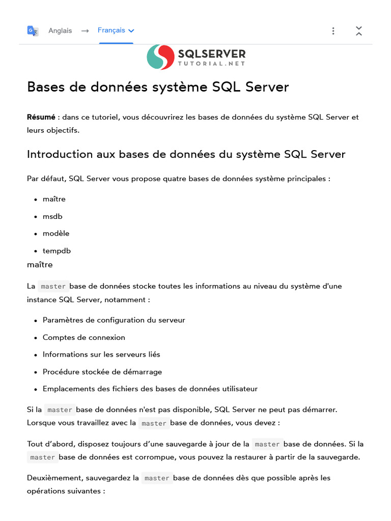 Bases de données système SQL Server | PDF | Microsoft SQL Server ...