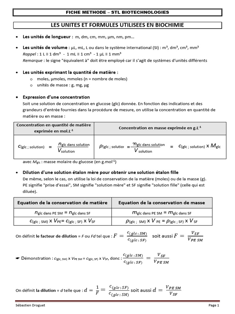 Unités et Formules en Biochimie | PDF