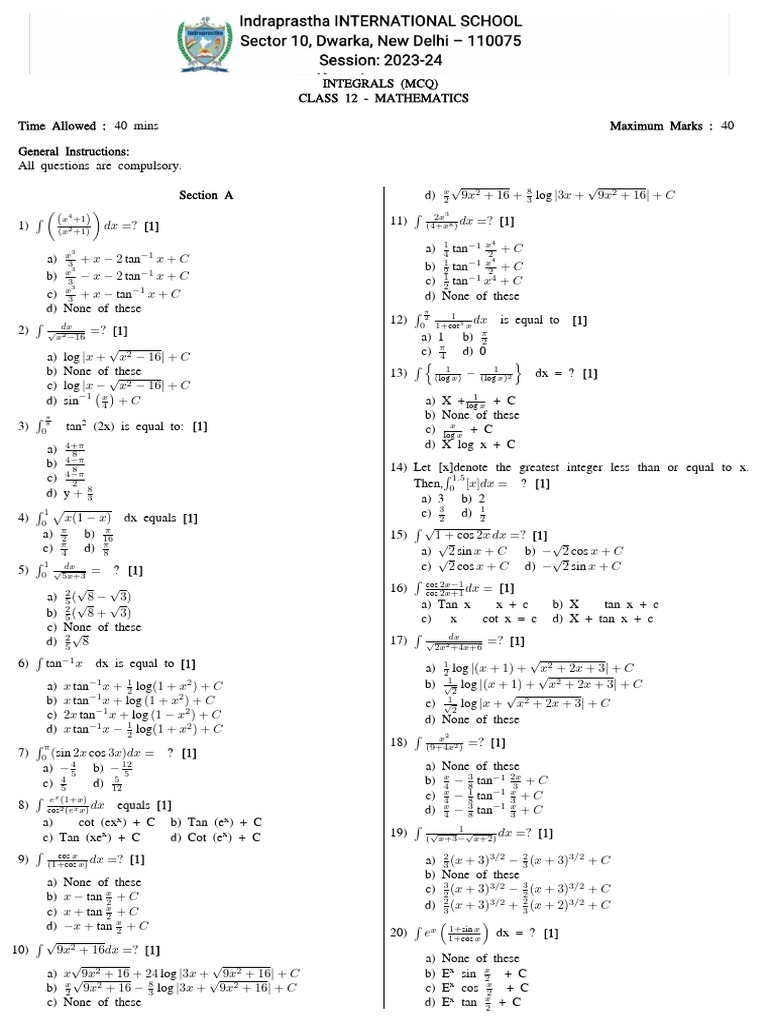 Class 12 Integration MCQs with Solutions | PDF