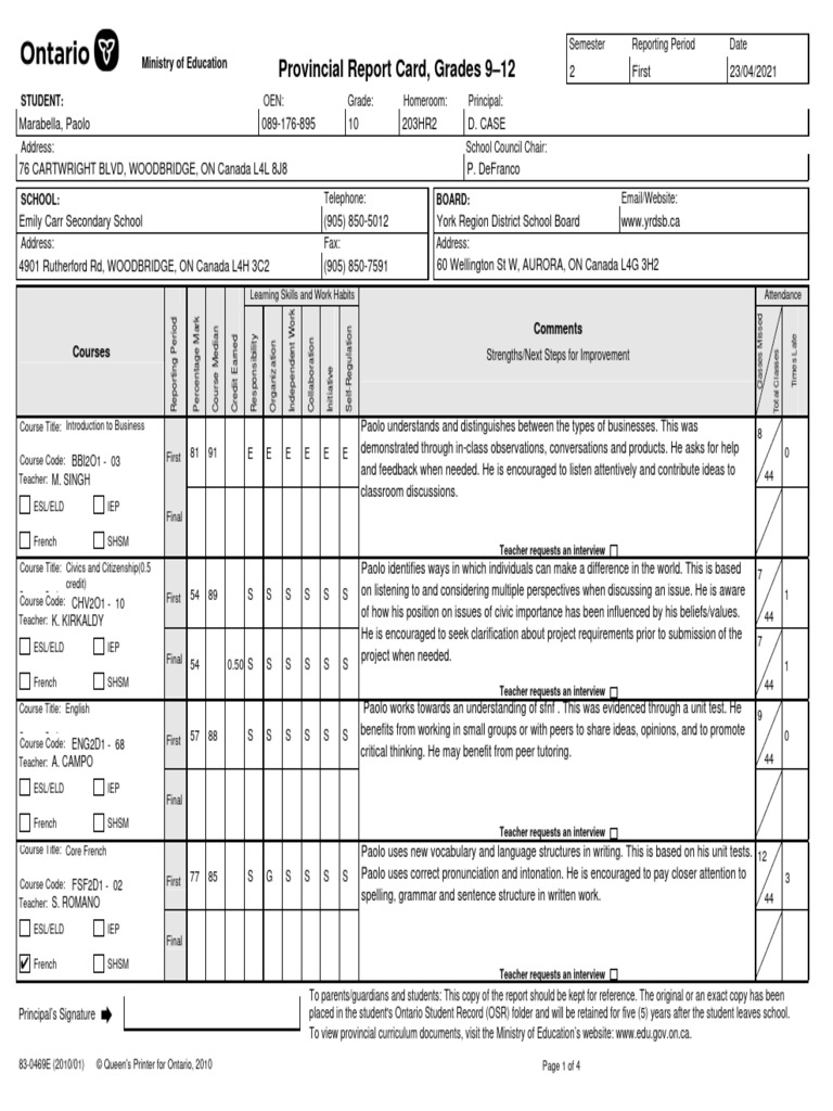 YRDSB Electronic Student Report Card - Secondary Semester 2 Midterm ...