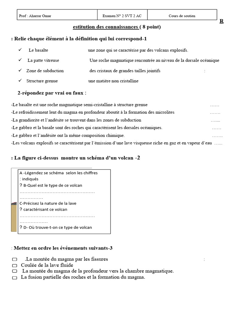 Devoir N2 Semestre 1 SVT 2AC Modele Word 6 2 | PDF | Magma | Volcan