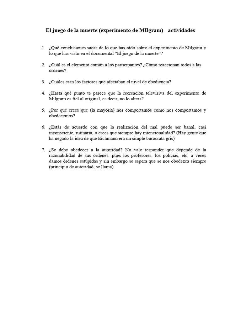 El Juego de La Muerte (MIlgram) Actividades PDF