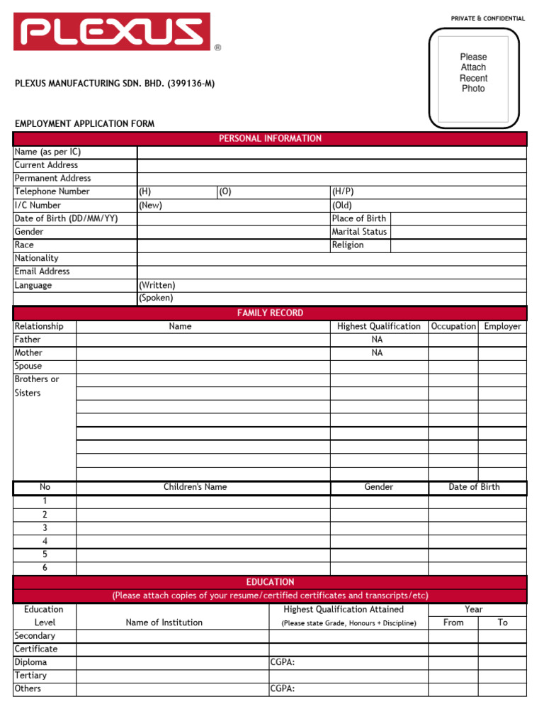 Plexus Employment Application Form | PDF