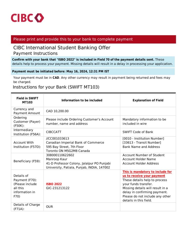 CIBC ISBO Payment Instructions | PDF | Payments | Personal Finance