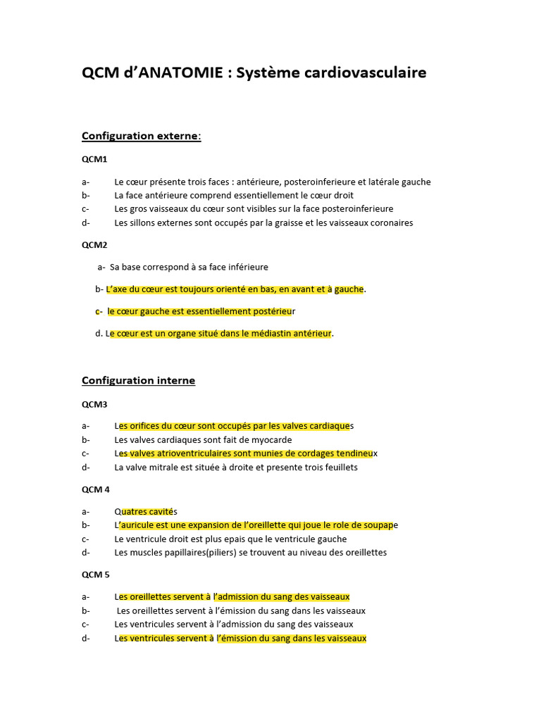 QCM Anatomie du Système Cardiovasculaire | PDF | Aorte | Cœur