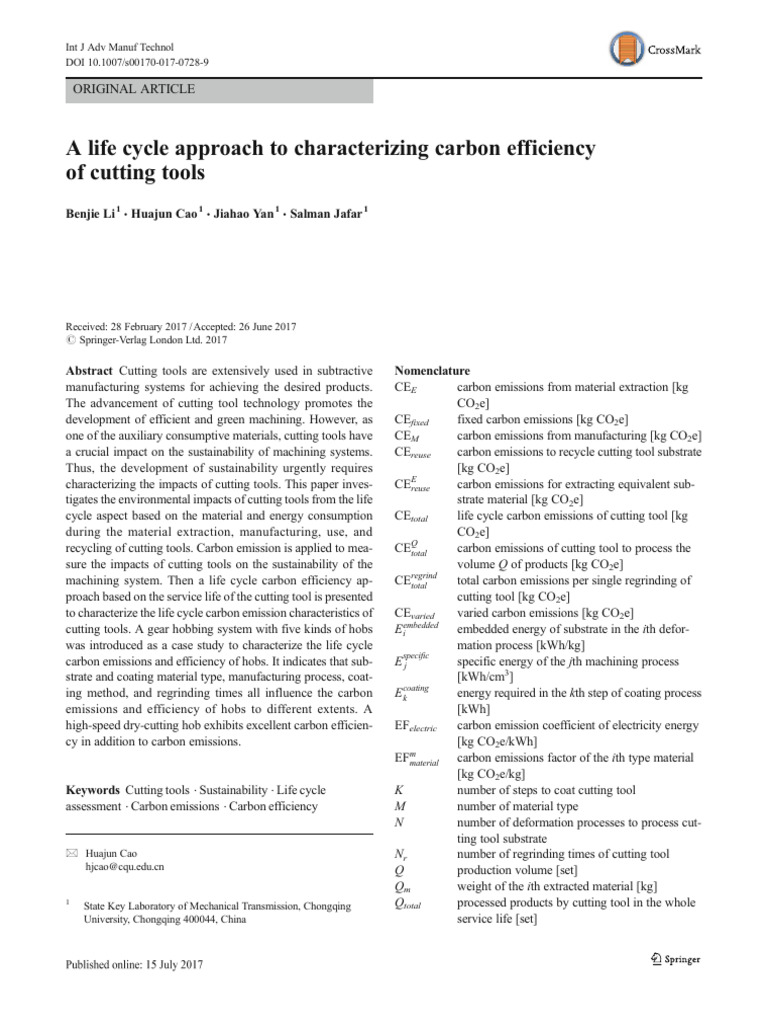 A life cycle assessment of cutting tools pdf life cycle assessment