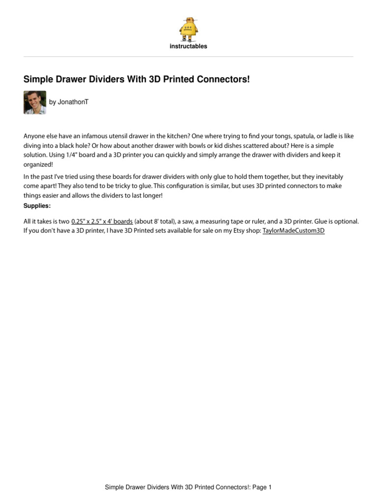 Simple Drawer Dividers With 3D Printed Connectors PDF Drawing 3 D