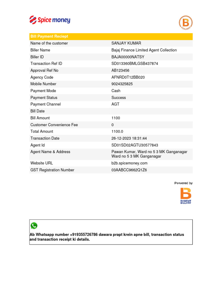 Bajaj Finance Bill Payment Receipt | PDF | Finance & Money Management