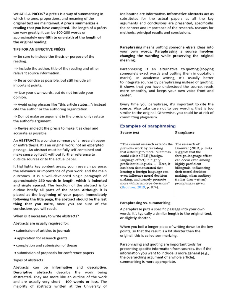 Handout Precis Abstract Paraphrasing | PDF | Language Arts & Discipline