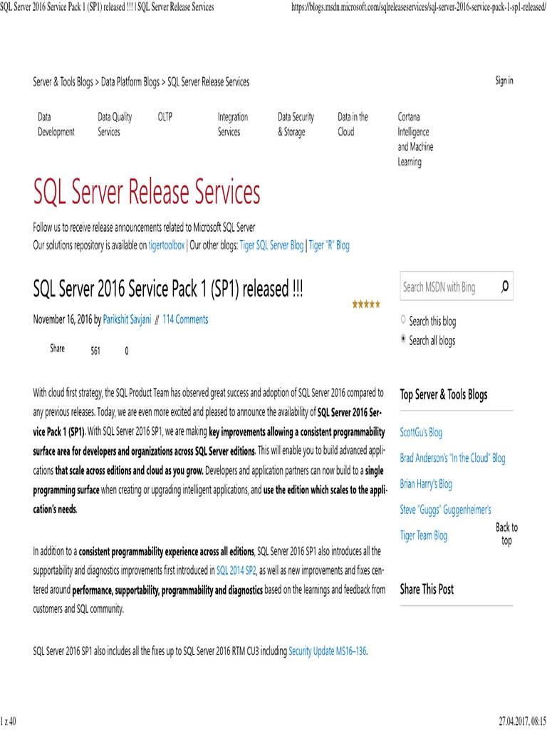 Sql server 2016 service pack 1 sp1 released sql server release